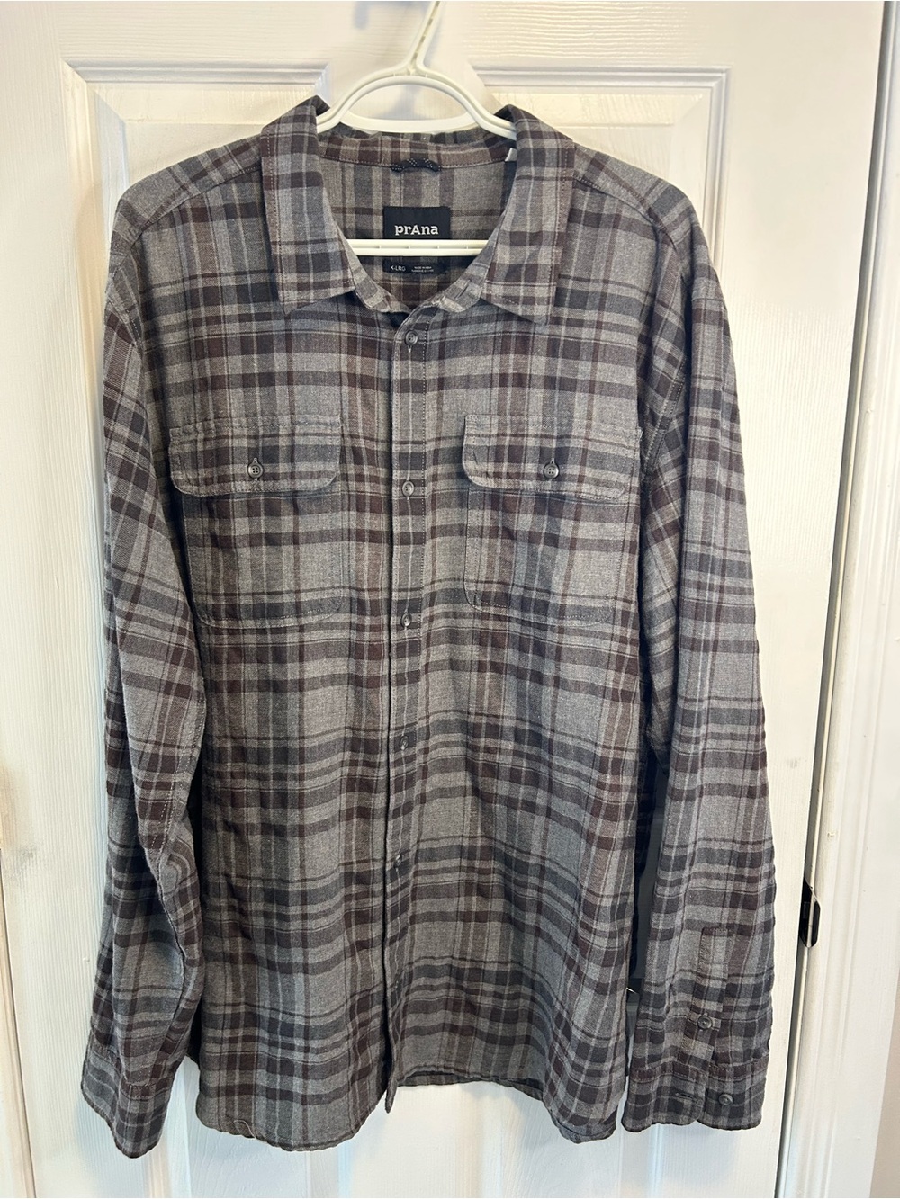 Prana Gray and Brown Plaid Flannel Button-Down Shirt
